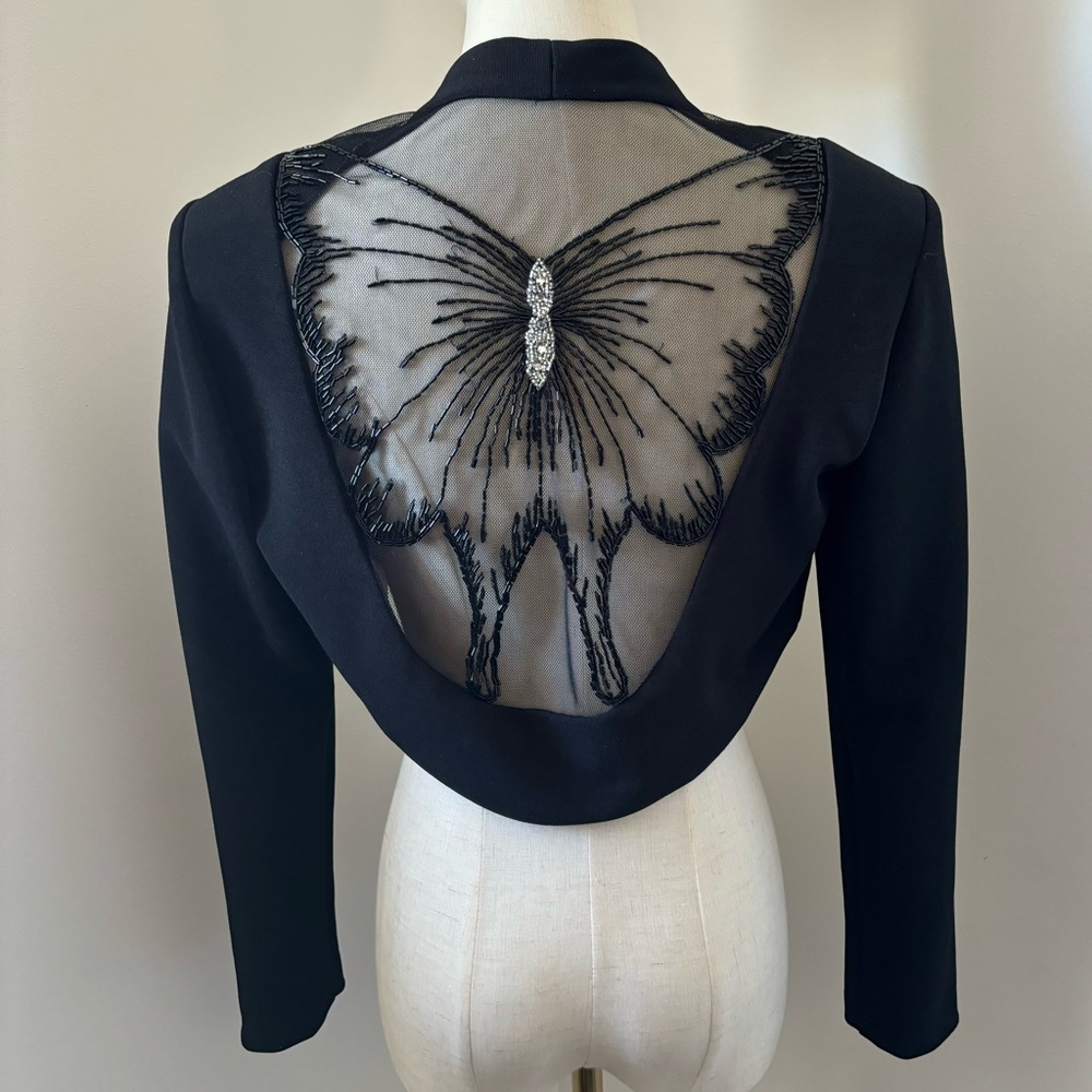 Vintage Betsy & Adam Black Sheer Mesh Back w/ Beaded Butterfly Cropped Jacket